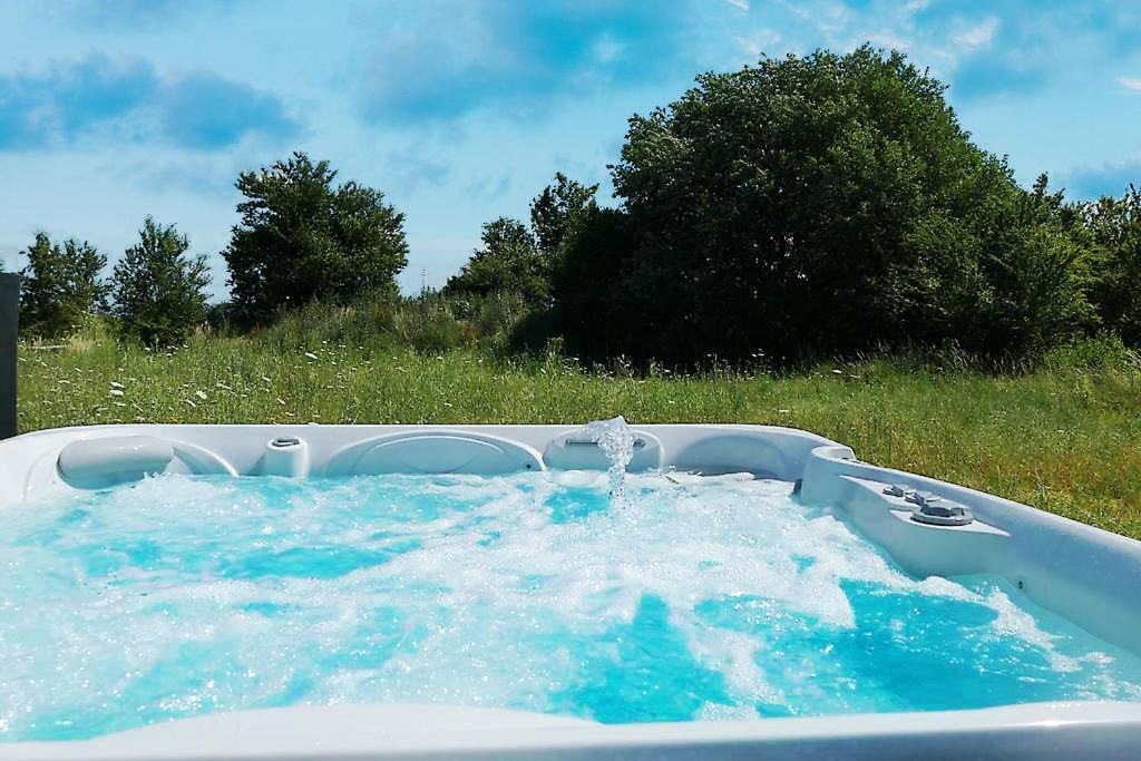 uma banheira cheia de água num campo em Villa Silbermöwe em Trent