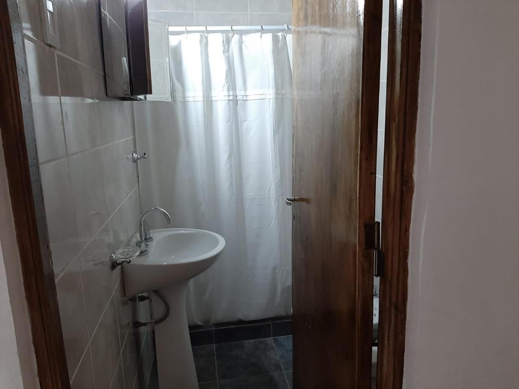 a bathroom with a sink and a shower curtain at Eduardo in Malargüe