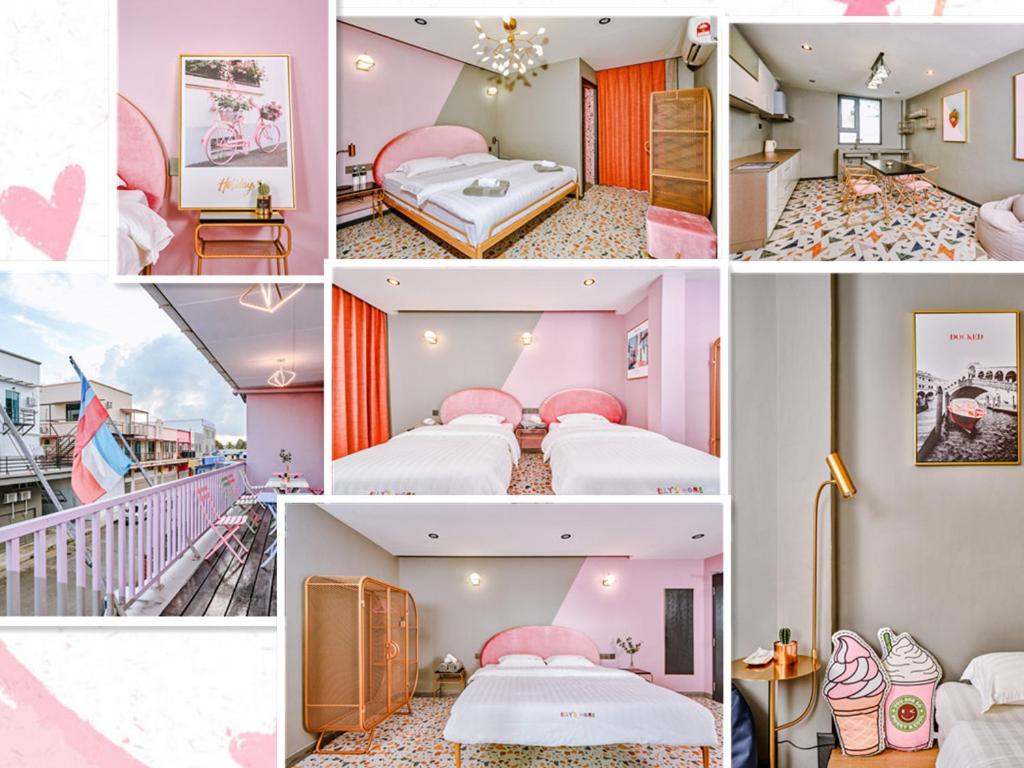 a collage of photos of a room with pink bedrooms at 仙本那爱丽家民宿Elly's Home in Semporna