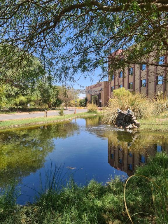 a pond in front of a building at Hotel Agua del Desierto in Calama
