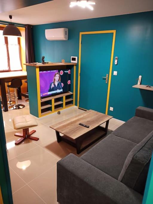 un salon avec un canapé et une télévision dans l'établissement Le Madison 2, à Châteauroux