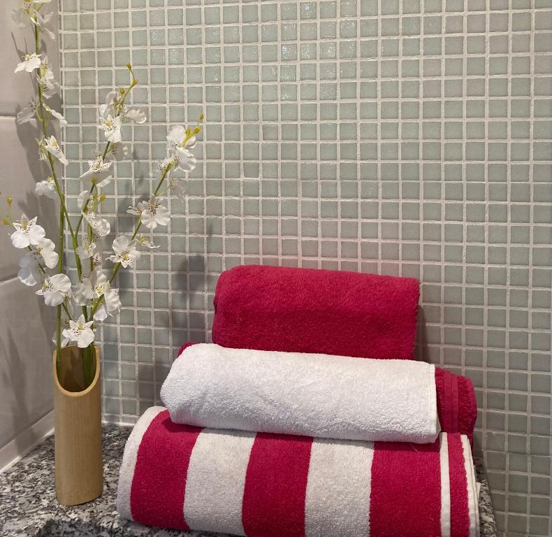 a bathroom with a red and white towel and a vase with flowers at Pendora Appartements in Mindelo