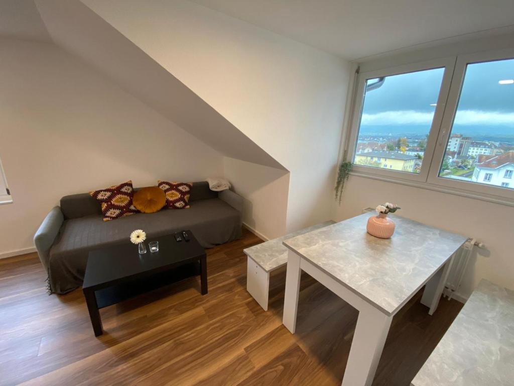 a living room with a couch and a table at Apartment Seeblick in Arbon von Swisspartments in Arbon