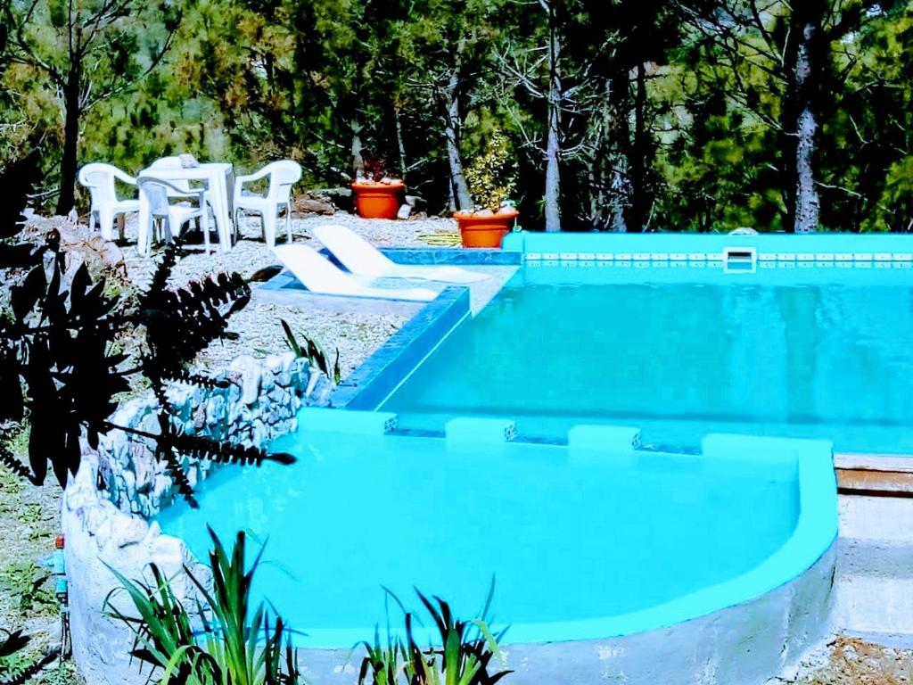 una piscina azul con sillas blancas al lado en Terra Nostra en Córdoba