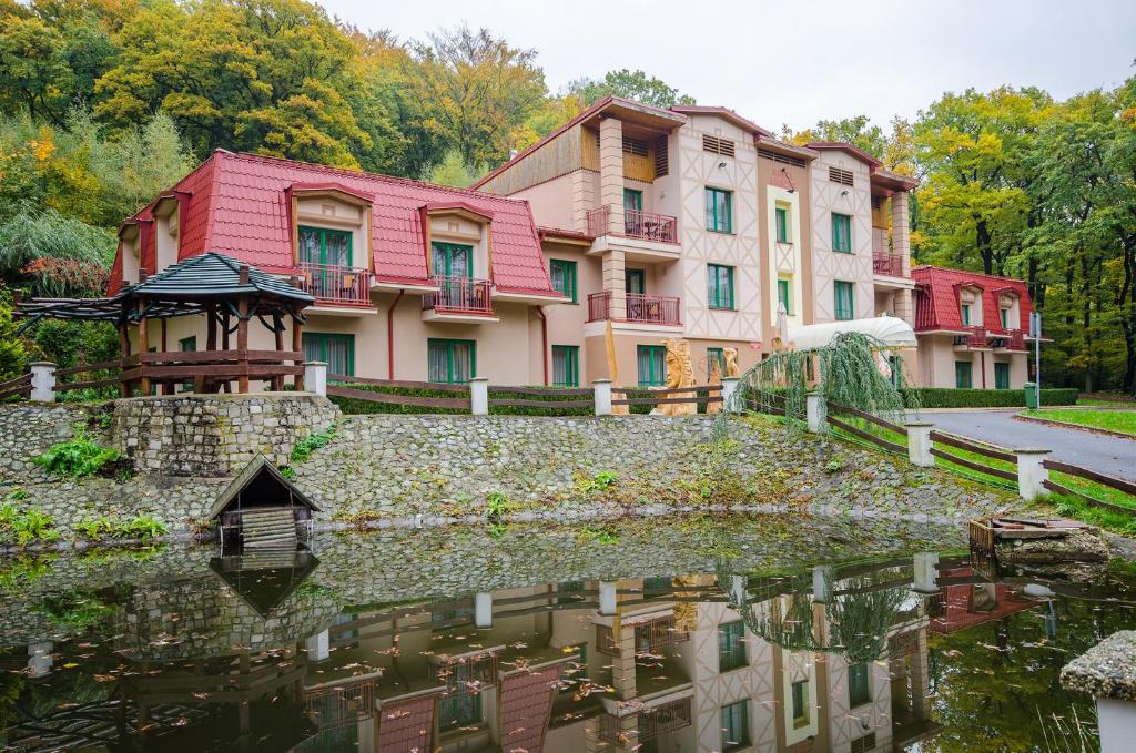 ein Gebäude mit einem Teich davor in der Unterkunft Hotel Loucky in Litvínov