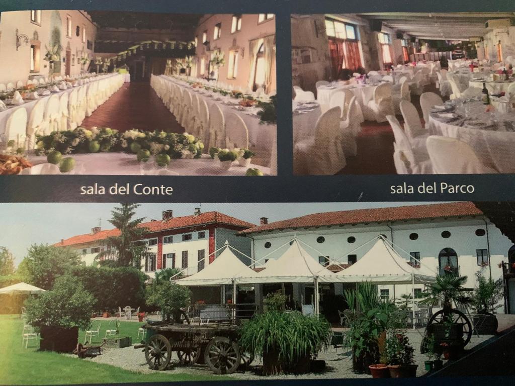 duas imagens de um edifício com mesas e uma carruagem em TENUTA VALMINIER em Villanova dʼAsti