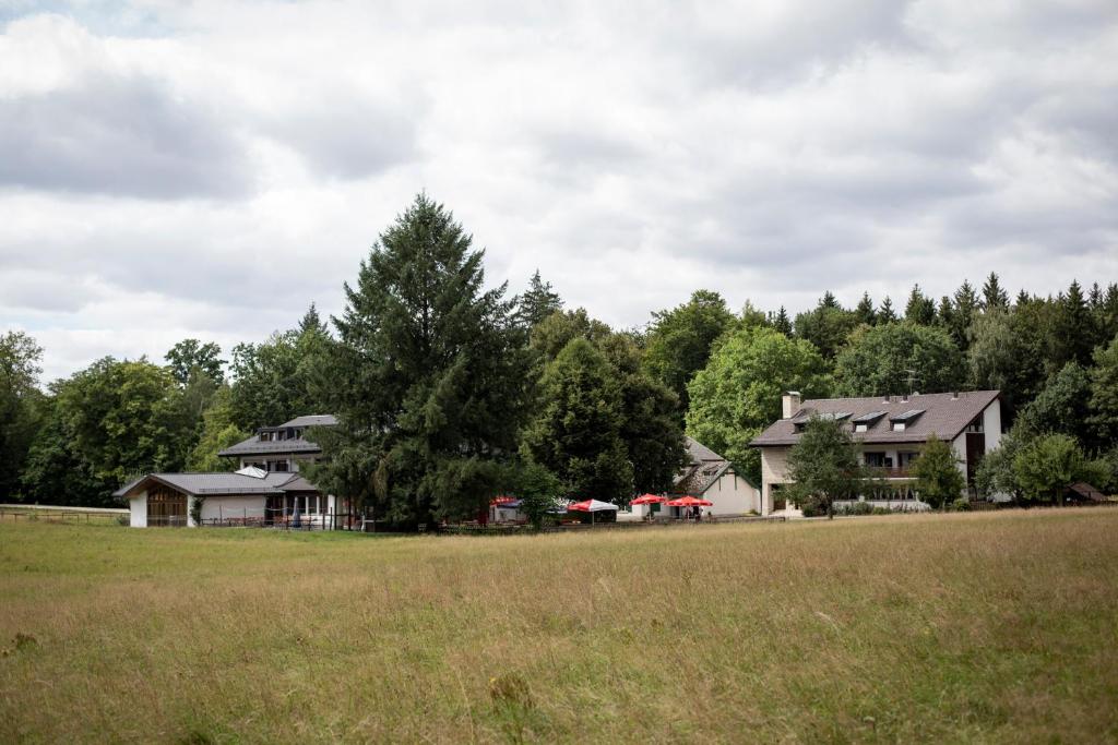 ein Haus und ein Feld mit einem Haus und Bäumen in der Unterkunft Waldgasthof zum Geländer in Eichstätt