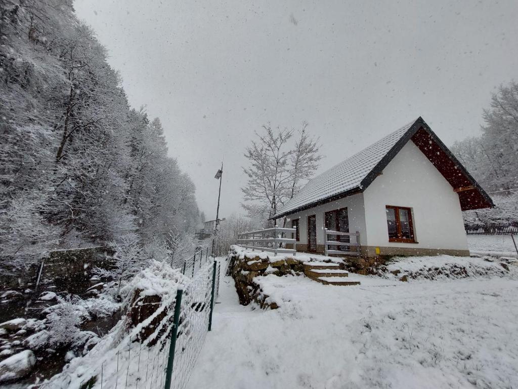 a house covered in snow in front of a fence at Chatka Podgórna in Podgórzyn