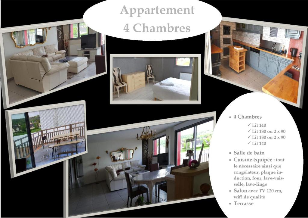 un collage de fotos de una sala de estar en Appartement 4 chambres Sur la Cave, en Givet