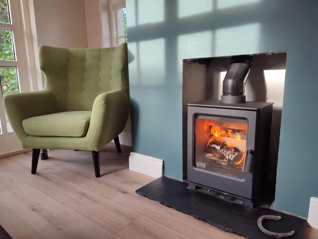 a living room with a stove and a green chair at Cottage at the Alms - Dog Friendly! in Strangford
