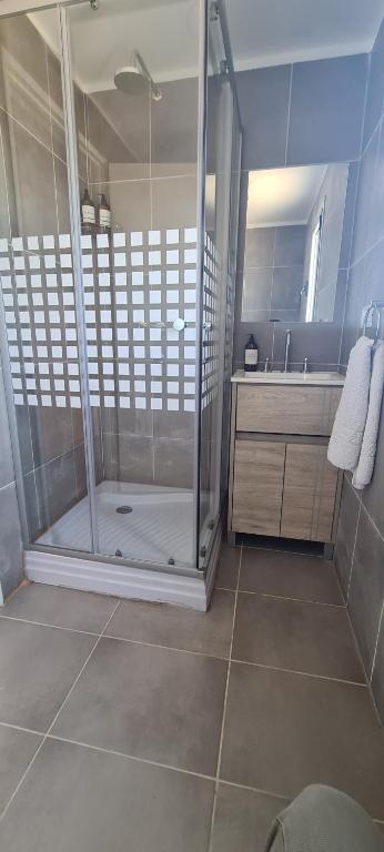 a bathroom with a shower and a sink at Puesto El Arroyito in Tunuyán