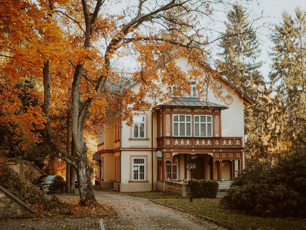 uma casa numa rua com árvores em frente em Villa Belvedere em Janske Lazne