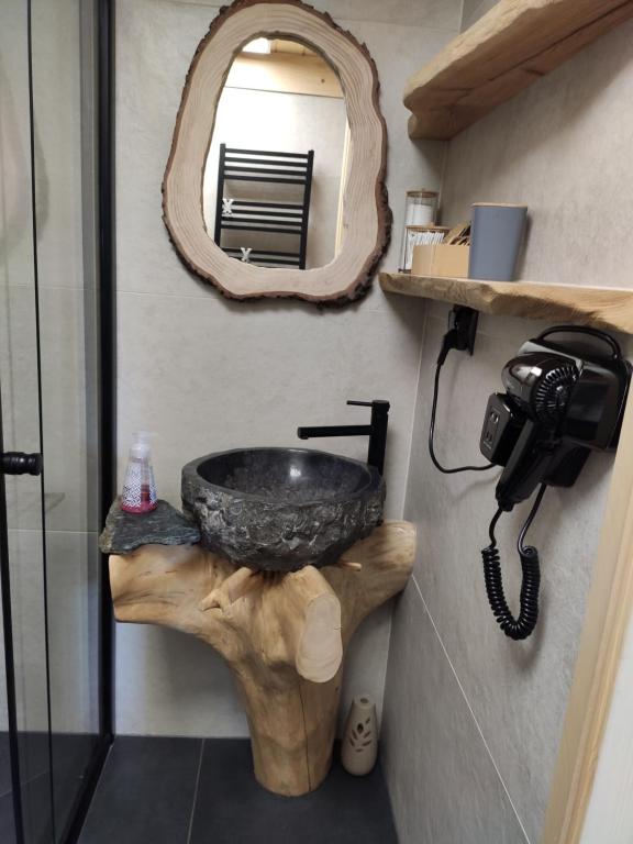 een badkamer met een stenen wastafel en een spiegel bij Domek na wypoczynek in Tylicz