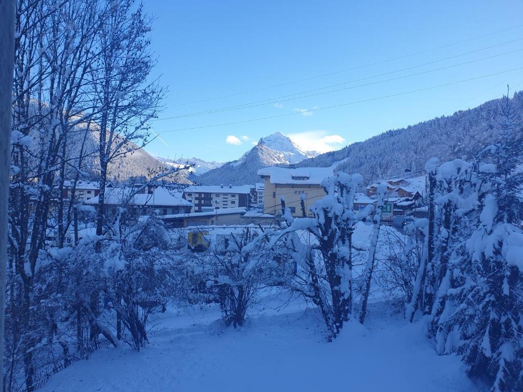 une ville couverte de neige avec des montagnes en arrière-plan dans l'établissement La Chanterelle Apartment, à Morzine