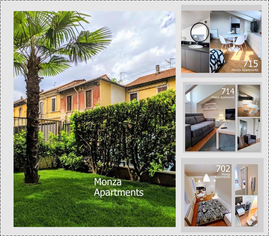 eine Collage mit Fotos eines Hauses mit einer Palme in der Unterkunft Monza Apartments in Monza