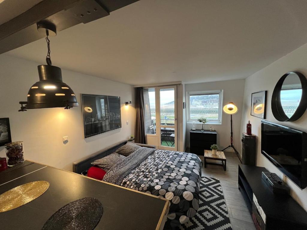 Телевизор и/или развлекательный центр в Studio superbe vue mer, Port-Deauville, proche Plage, centre-ville et casino