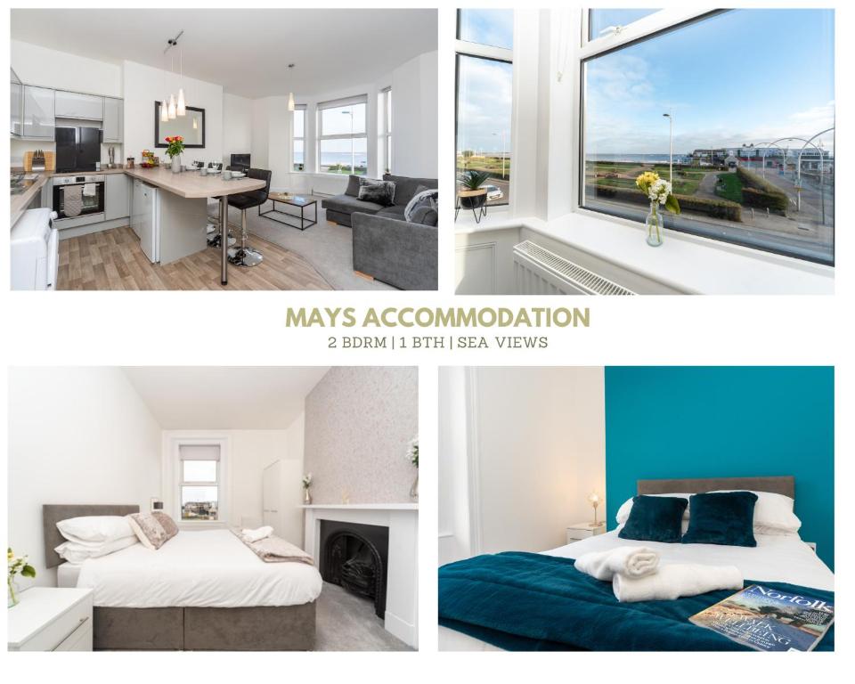 een collage van twee foto's van een slaapkamer en een woonkamer bij Sea Views Stunning 2 Bedroom Apartment # in Lowestoft