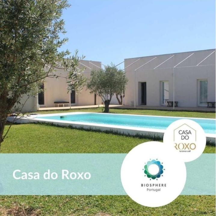 a villa with a swimming pool in front of a house at Casa do Roxo - Eco Design Country House in Santa Vitória