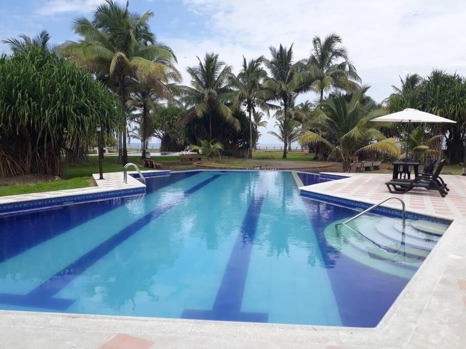 una gran piscina azul con palmeras en el fondo en Conjunto vacacional Cocomar-Casa 6-5h, en Carrizal