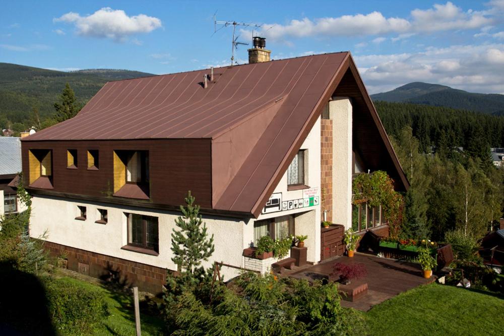 een groot huis met een bruin dak bij Pension Simona in Harrachov