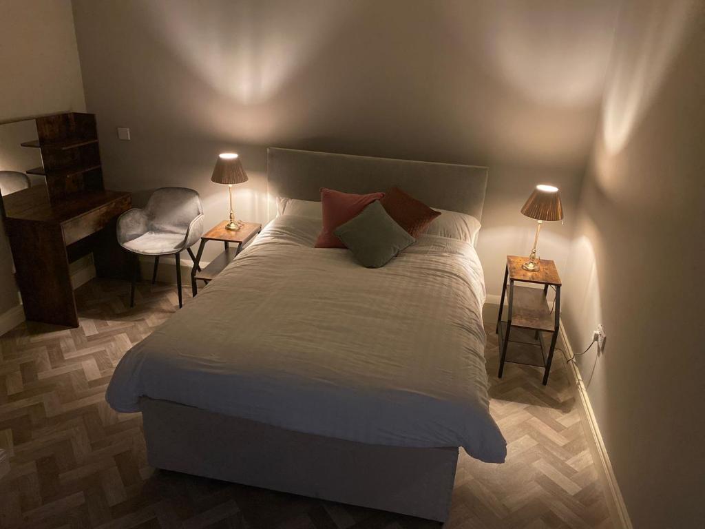 卡洛的住宿－The Corner Apartment，一间卧室配有一张床、一把椅子和两盏灯。