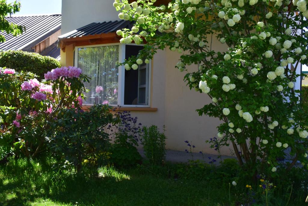 a house with a window and a bush with flowers at Montalto in Dina Huapi