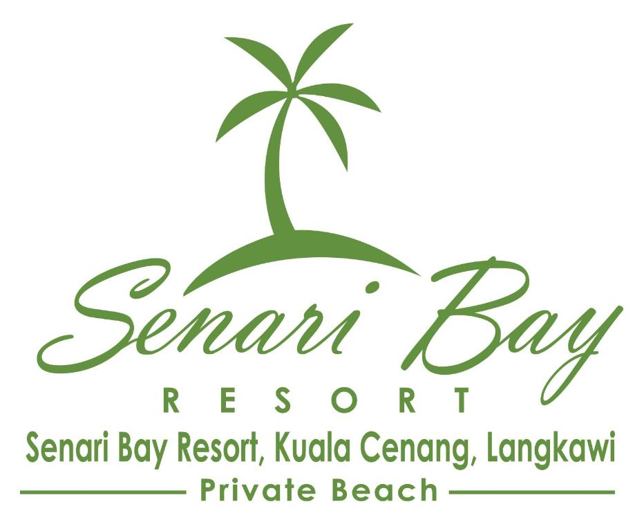 eine Palme auf der Insel mit den Worten sanibel Resort und Resort in der Bucht in der Unterkunft Senari Bay Resort in Pantai Cenang