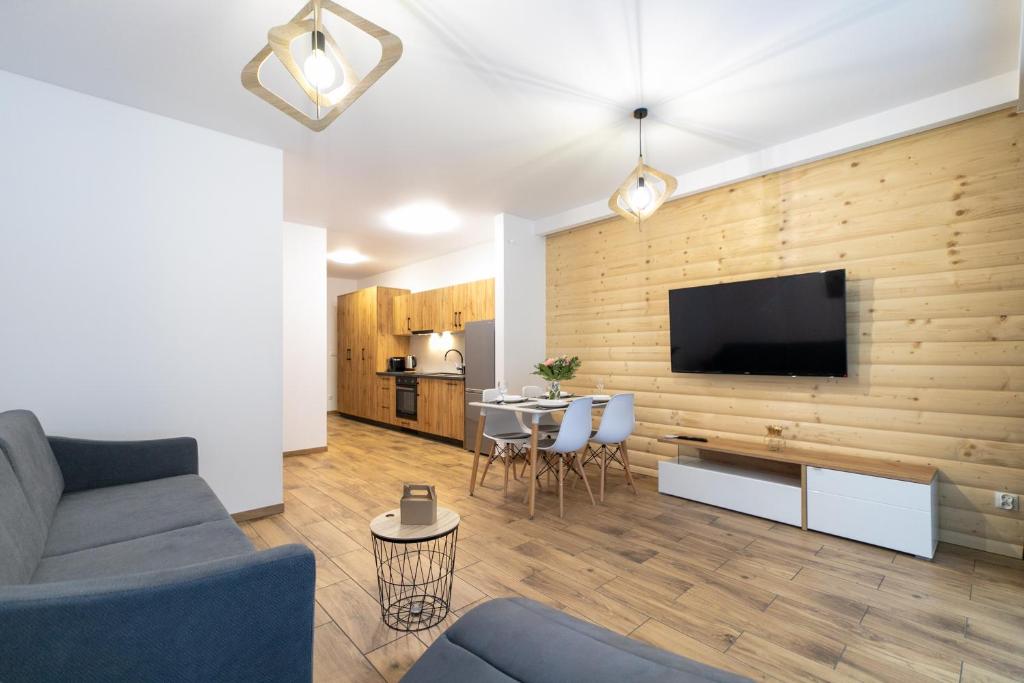 sala de estar con sofá y TV de pantalla plana en Apartament Solisko z widokiem na trasę narciarską - Dream Apart en Szczyrk