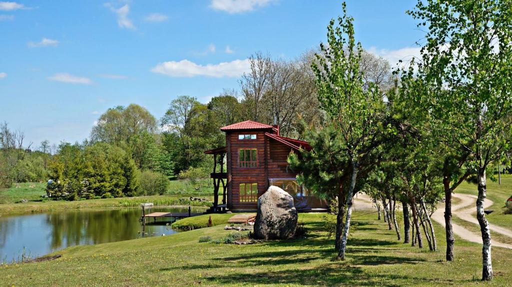 una casa en el árbol en un parque junto a un lago en Laukupės sodyba, en Rokiškis
