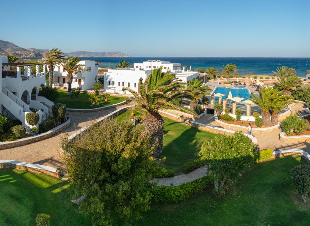 an aerial view of a resort with palm trees and the ocean at Irini Hotel in Afiartis