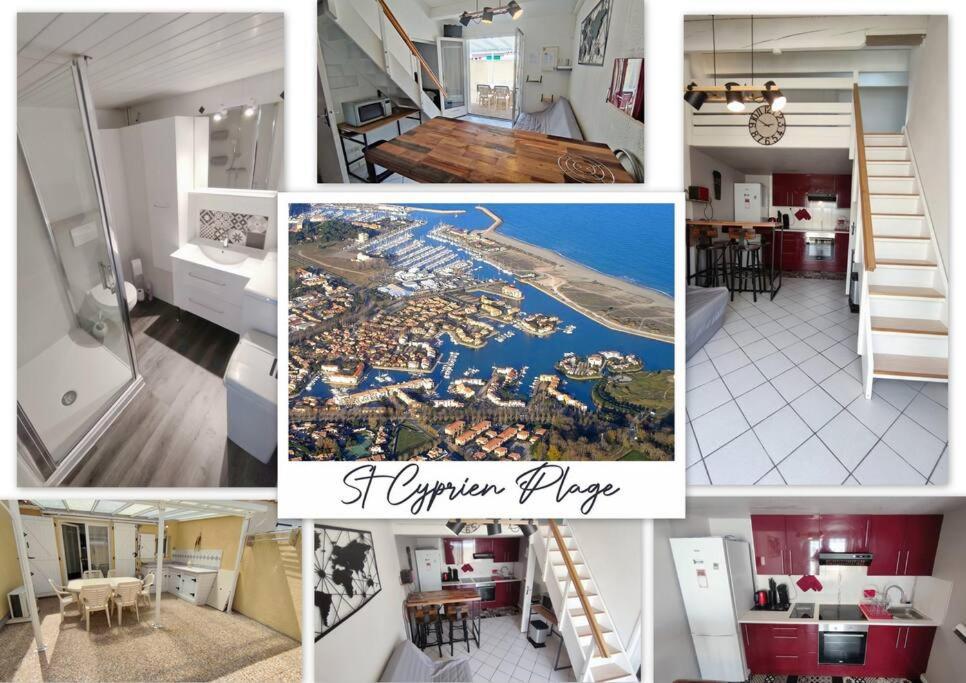 a collage of photos of a kitchen and a house at Joli T2 avec clim, 4/6 personnes,500m de la plage. in Saint-Cyprien