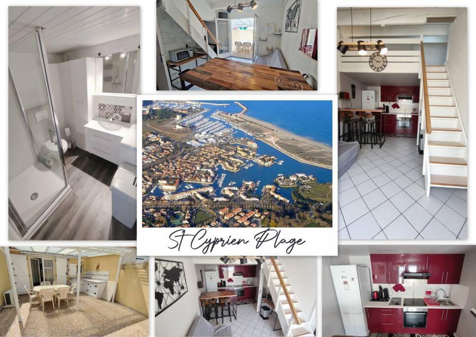un collage de photos d'une cuisine et d'une maison dans l'établissement Joli T2 avec clim, 4/6 personnes,500m de la plage., à Saint-Cyprien