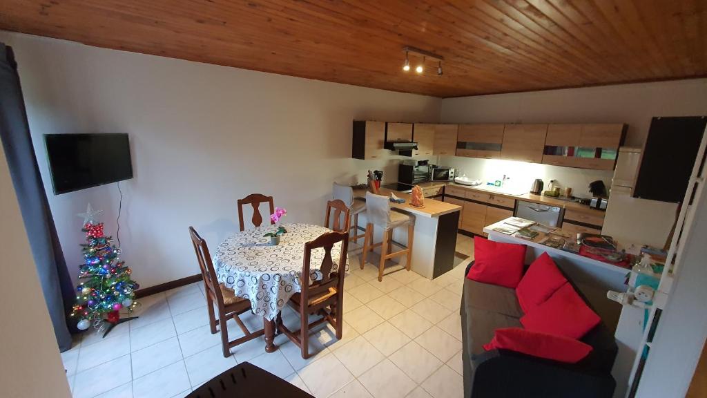 a living room with a table and a christmas tree at Le nid d hirondelles - Terrasse Jardin Grand garage in Langres