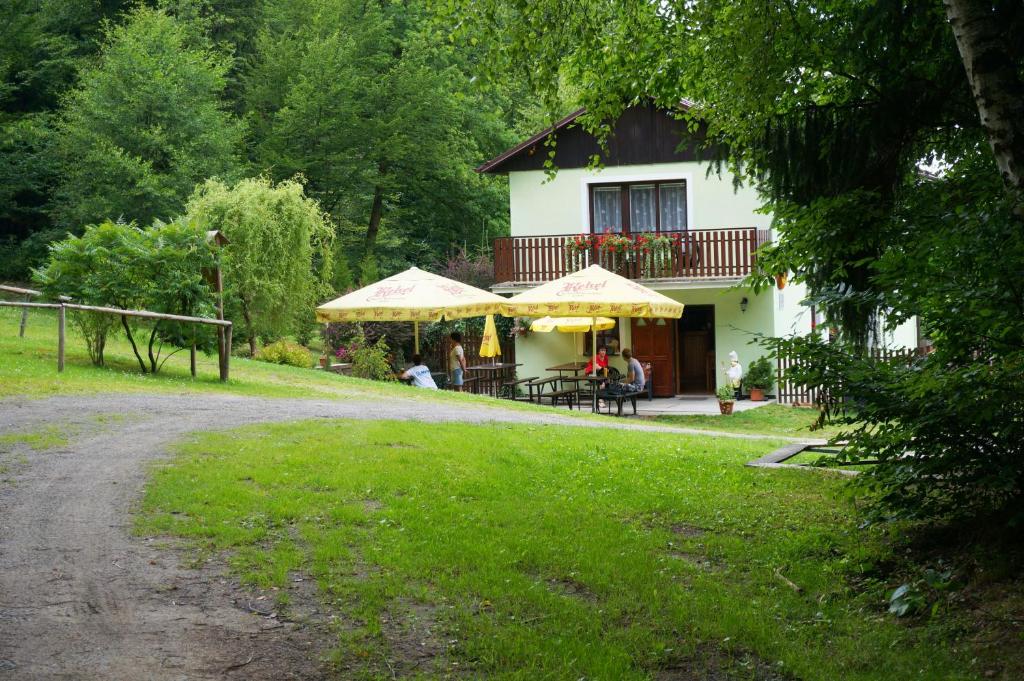Trpišovice的住宿－Pension U Štěpánků，前面有桌子和遮阳伞的房子