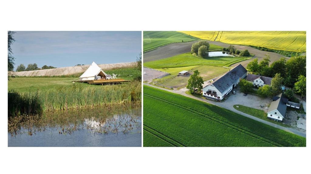 deux photos d'une ferme avec une maison et un lac dans l'établissement Glamping och Gårdslägenhet Mellan himmel och hav, à Skivarp