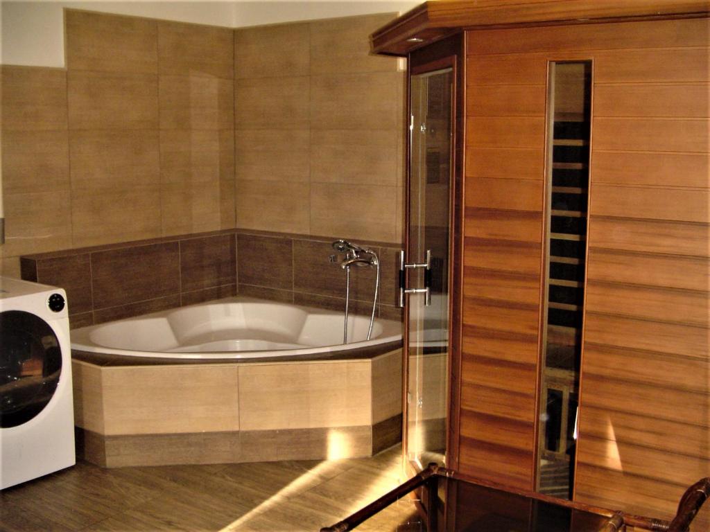 a bath tub in a bathroom with a shower at Villa Ametyst in Štúrovo