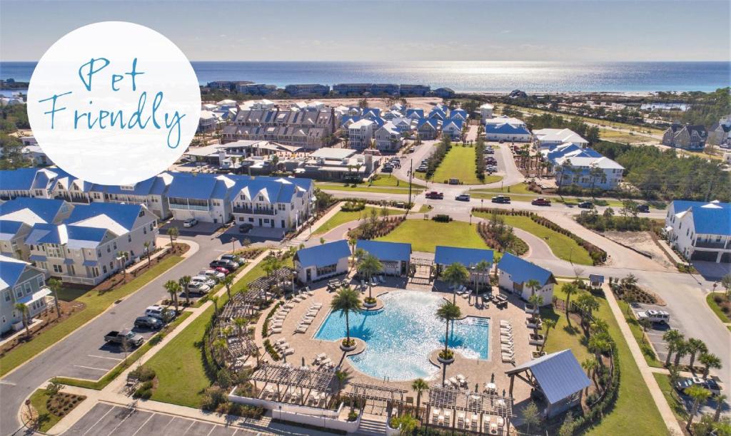 an aerial view of a resort with the words pet friendly at Prominence on 30A Pet Friendly Vacation Rentals by Panhandle Getaways in Watersound Beach