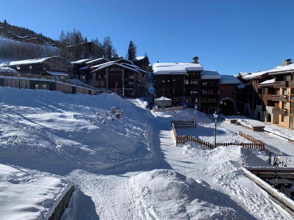 レ・コシュにあるJoli 2 pièces au pied des pistes, La Plagne, avec WIFIの雪に覆われたスキー場