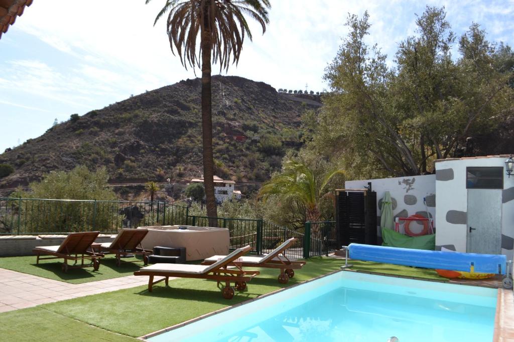 a pool with a palm tree and a mountain in the background at Finca Mariola - Centenaria in Las Palmas de Gran Canaria