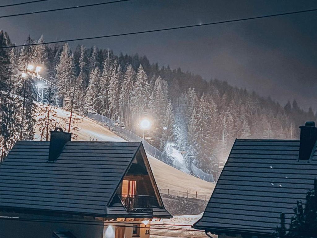 una montaña cubierta de nieve con árboles y un lodge en Apartament u Jarosza, en Poronin
