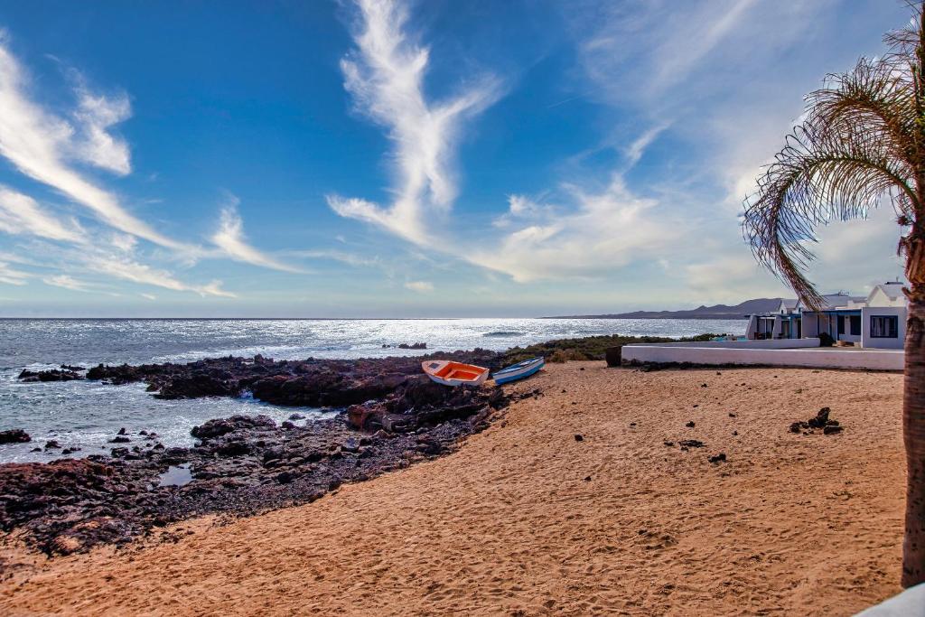 een strand met een boot op het zand en een palmboom bij OCEAN tiny HOUSE en Casa azul in Punta de Mujeres