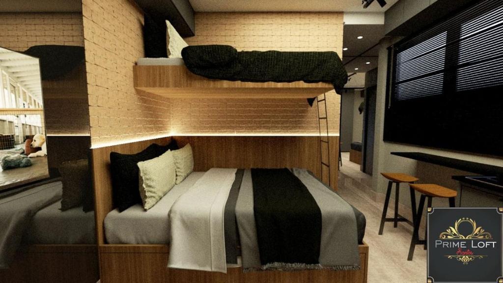 a bedroom with a bunk bed in a room at Prime Loft Santos à meio quarteirão da praia. in Santos