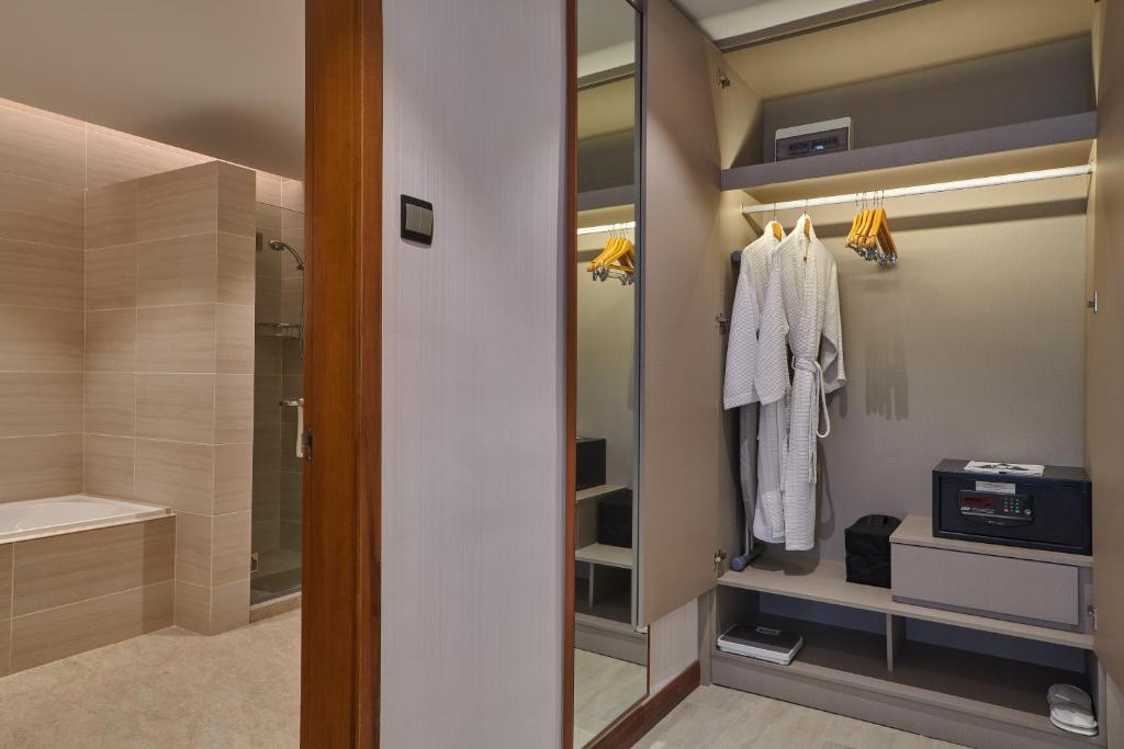 A tiled bathroom shows a glass walk-in shower beside a mirrored wardrobe and in-room safe.