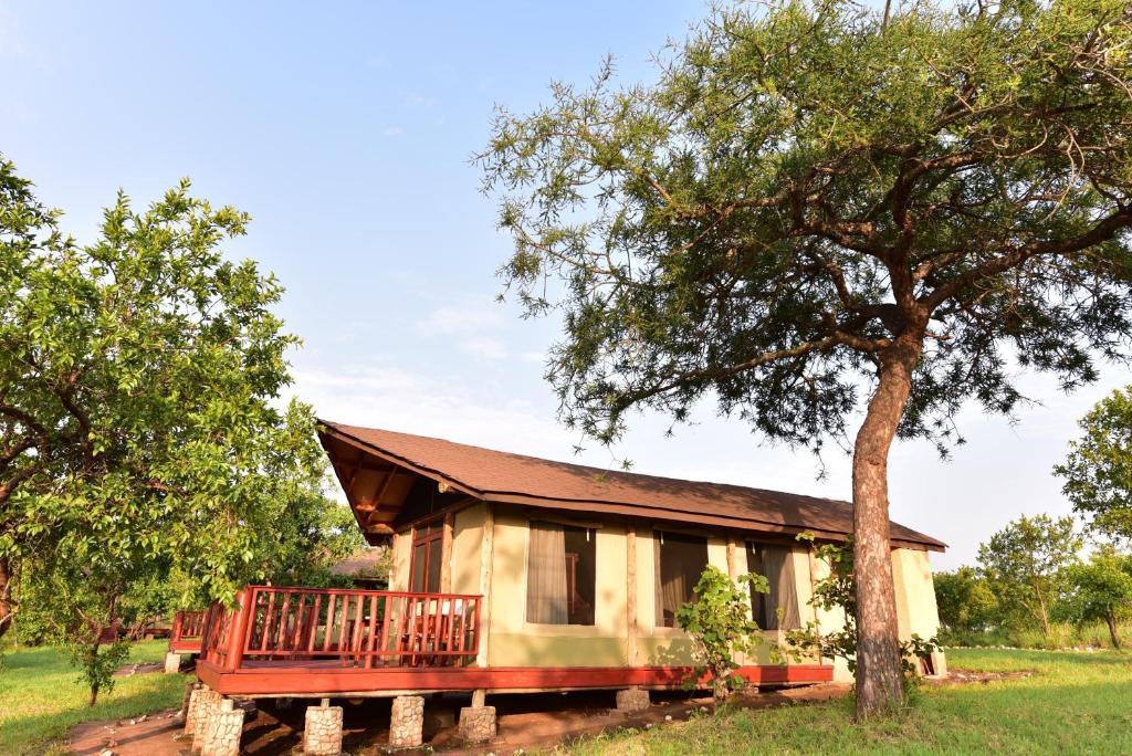 una pequeña casa con un porche y un árbol en Elephant Rock Luxury Camp Tarangire, en Kaiti