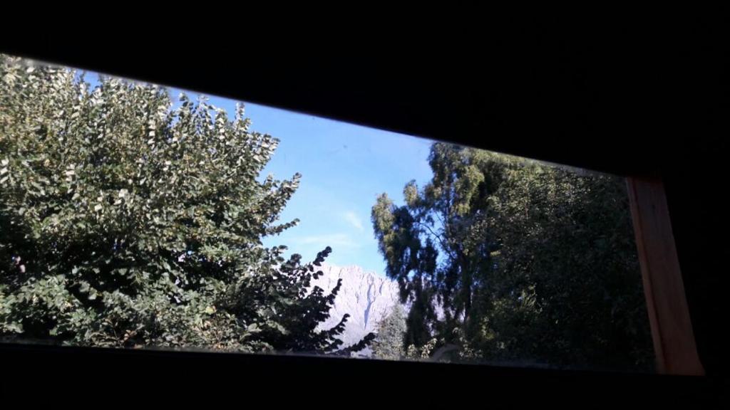 a view from a window of trees and a mountain at Los Pinos in El Bolsón