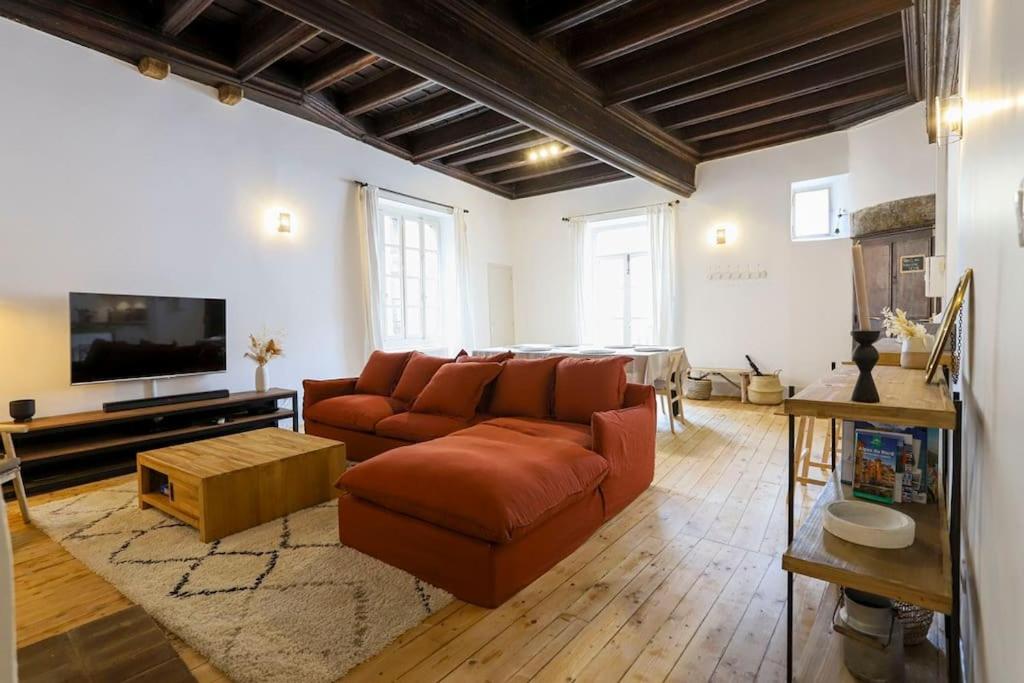 ein Wohnzimmer mit einem Sofa und einem TV in der Unterkunft Le Thiou 3 étoiles - Charmant & Authentique, Au Cœur de la Vieille Ville, Billard, 6 personnes in Annecy
