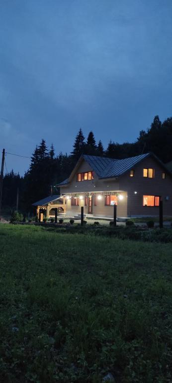 a large house with lights on it at night at Cabana Kodru in Vatra Dornei