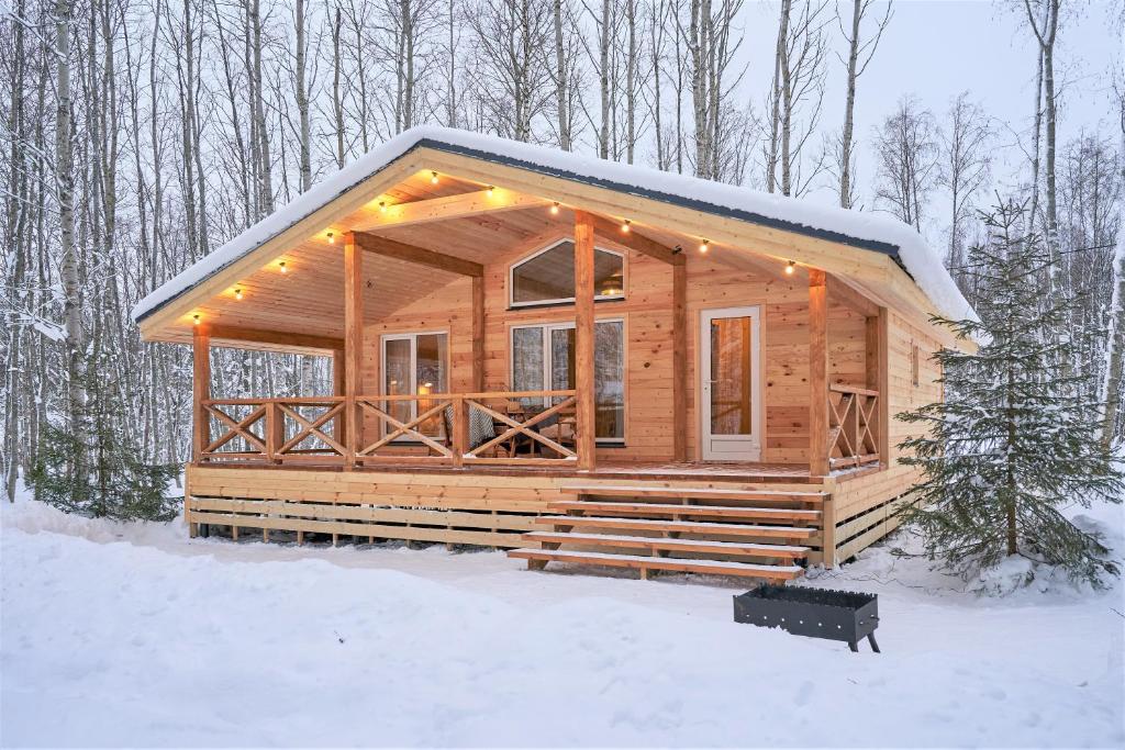 a log cabin in the snow with lights on it at Гостевые дома у Ладоги in Priladozhskoye