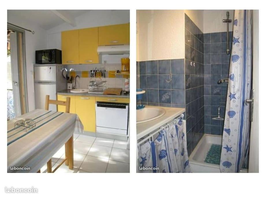 two pictures of a kitchen and a bathroom at CAP D&#39;AGDE studio cabine 6 pers. + terrasse + parking privé + clim (calme) in Cap d&#39;Agde