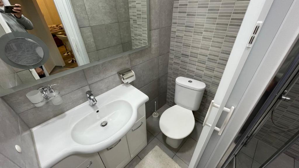 un bagno con lavandino, water e specchio di U Bývalé Pošty a Děčín